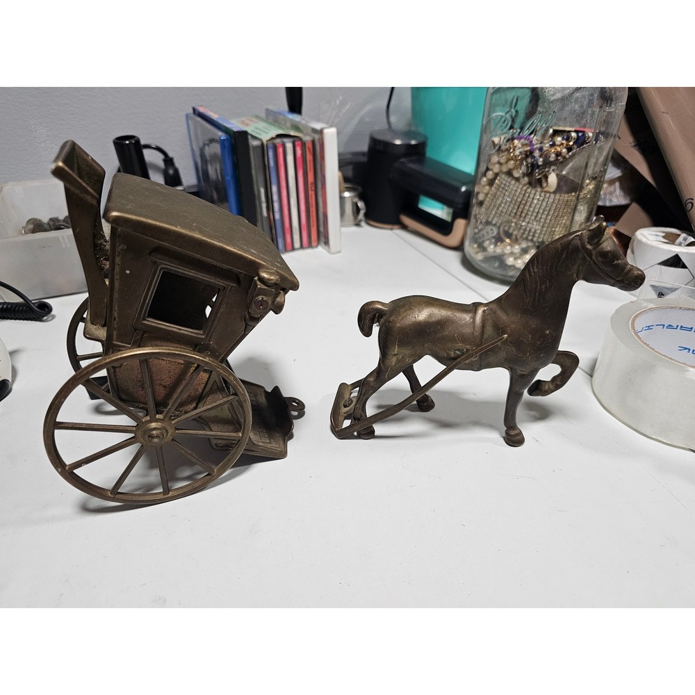 Vintage Brass Horse and Carriage Figurine Set Antique Style Equestrian Decor